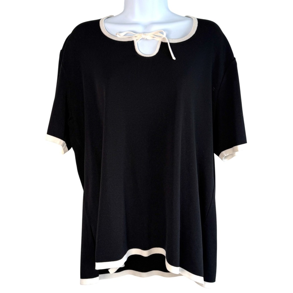 Exclusively Misook Contrast Trim Short Sleeve Top Size XL Old Money Quiet Luxury